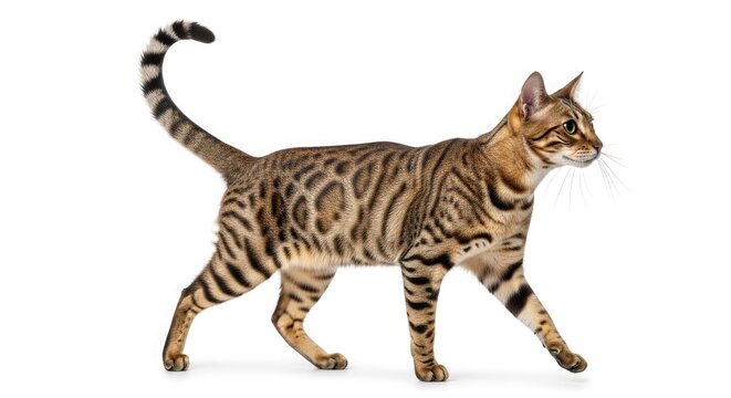 Savannah cat walking, profile view, isolated on white background