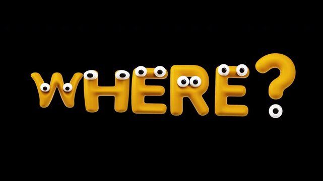 Where - Funny 3D Cartoon Letters with Googly Eyes, Seamless Loop on Alpha