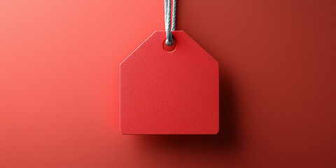 Red tag suspended against vibrant red wall, flat design style, abstract background, smooth texture, warm tones,