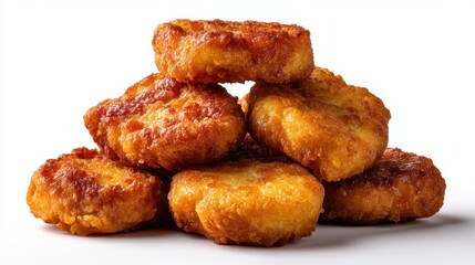 Golden brown baked potato bites stacked in a pyramid shape on a white background