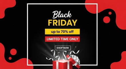 Black Friday sale with open gift box and 70 percent off