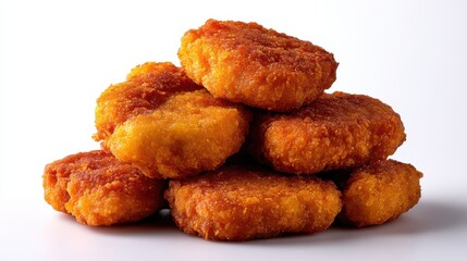 Pile of crispy golden brown chicken nuggets with a white background