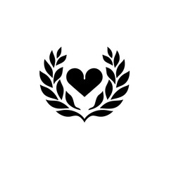 Fototapeta premium Heart encompassed by laurel branches in black color on transparent background silhouette