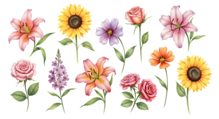 Watercolor flower collection isolated on transparent background with various types