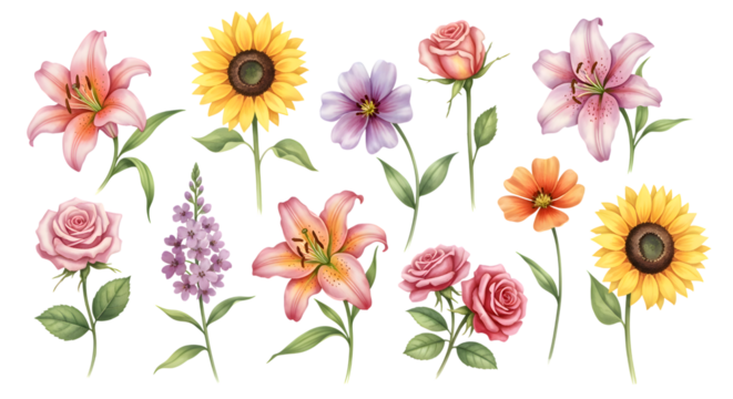 Watercolor flower collection isolated on transparent background with various types