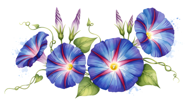 Watercolor illustration of blue morning glory flowers isolated on transparent background - Powered by Adobe