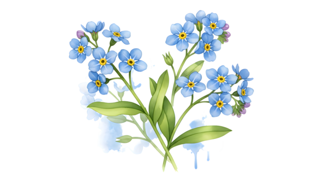 Watercolor illustration of blue forget me not flowers isolated on transparent background