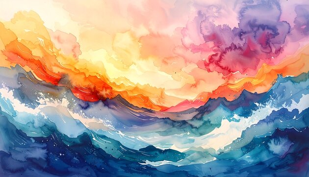 Colorful Mountainous Sunset Landscape Painting.