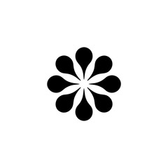 Black flower design with eight teardrop shaped petals on transparent background silhouette