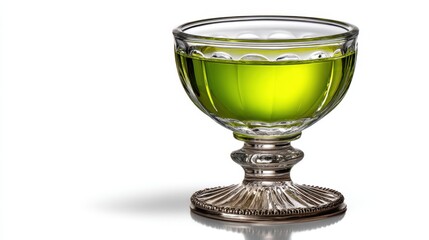 A single glass of bright green liquid on a decorative silver pedestal stand