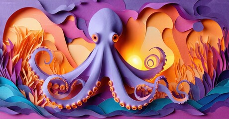 Obraz premium Purple octopus amidst layered papercraft ocean scene. Warm sunset colors dominate background, creating vibrant underwater world.