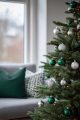A lush green Christmas tree is beautifully decorated with emerald green and silver baubles standing in a cozy modern living room with soft pillows and a window view