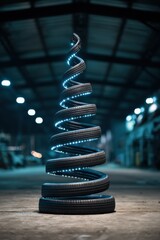 A unique Christmas tree design created from a spiral stack of recycled car tires wrapped in glowing blue LED lights set inside an industrial warehouse space