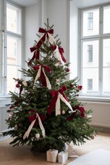A full-height green Christmas tree is lavishly decorated with oversized red and cream velvet bows, white baubles and small lights in a bright elegant living room