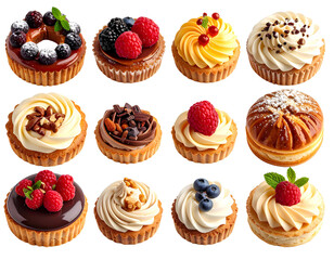 Assortment of Delicious Pastries with Cream, Nuts, and Berries on Transparent Background.