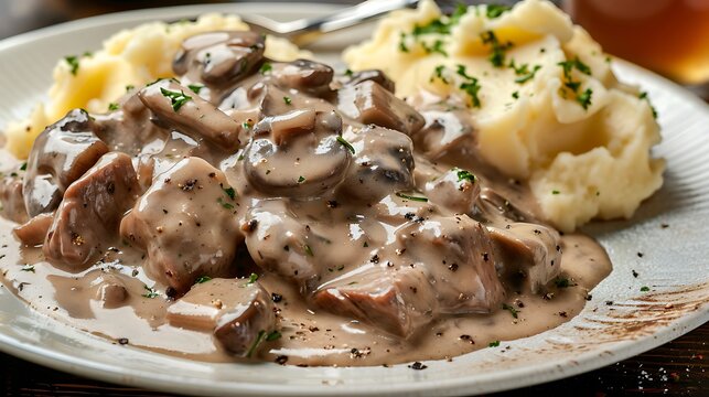 Close up of beef stroganoff with mashed potatoes on a plate garnished with parsley and black pepper