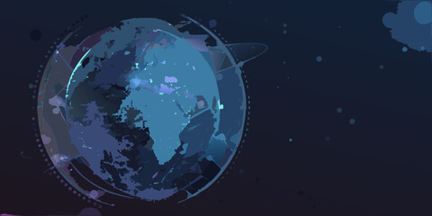 Abstract digital illustration of a stylized fragmented globe with a dark blue background and scattered dots