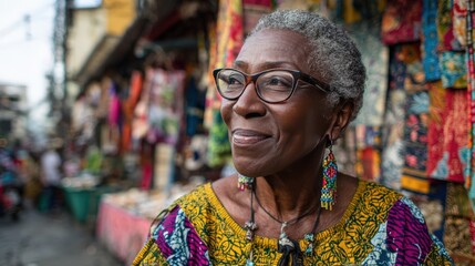 Obraz premium Confident Elderly Woman in Vibrant Ankara Dress Smiling in Market