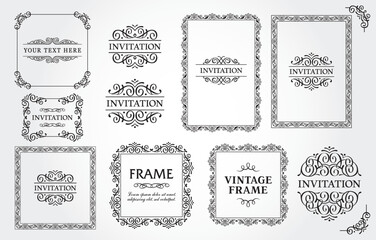 Design elements set, decorative flourish border corner and frame collection for invitation, menu and page decoration