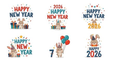 Cute Bunny Characters Celebrating Happy New Year 2026