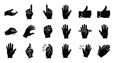 Set of hand gesture icons simple black glyphs user interface isolated on white background