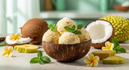 Exquisite Coconut Ice Cream In A Wooden Bowl with Tropical Fruits and Fresh Mint