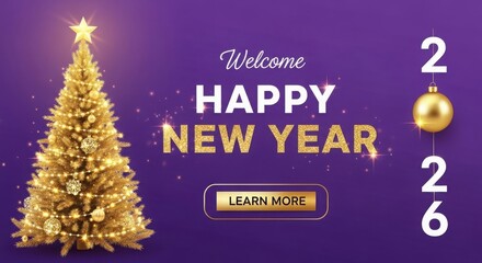 Festive Happy New Year 2026 with Christmas Tree and Ornaments