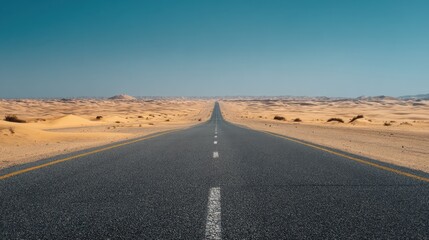 A straight desert highway with clear asphalt markings, sand dunes on the sides, and a bright, expansive sky.