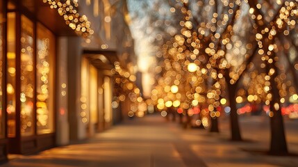 city street at dusk lined with storefronts and trees twinkling golden and white bokeh effect christmas lights festive tranquil holiday shop or plaza cityscape