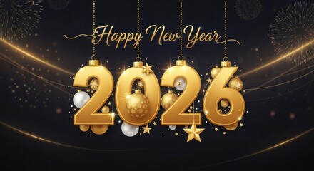 Golden 2026 New Year's Eve celebration with hanging ornaments and fireworks