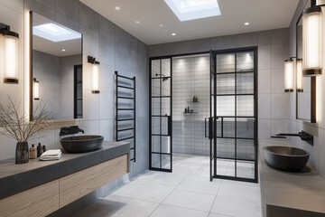 A modern bathroom interior with a double vanity, black fixtures, and a large walk-in shower with black-framed glass doors. AI Generate