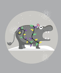 Happy Holiday Illustration with Hippopotamus and Lights Decoration