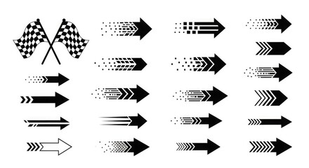 Collection of racing checkered flags and dynamic arrow graphic elements