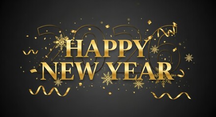 Golden Happy New Year 2026 with Confetti and Snowflakes