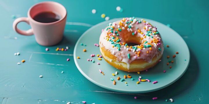 Sweet frosted donut with colorful sprinkles and a cup of coffee on a teal background