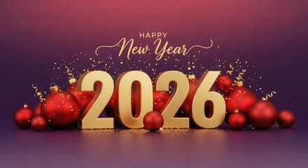 Happy New Year 2026 celebration with red ornaments and confetti