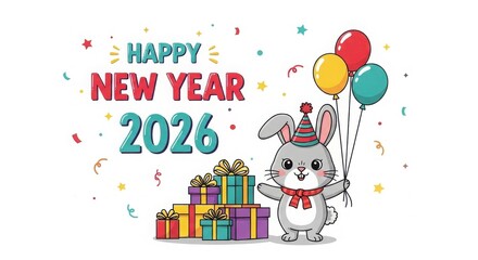 Happy New Year 2026 Cute Bunny with Gifts and Balloons