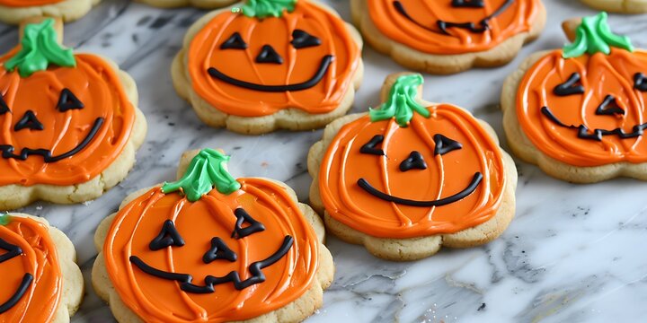 Festive pumpkin shaped cookies decorated with cheerful faces, perfect for Halloween treats. - Powered by Adobe