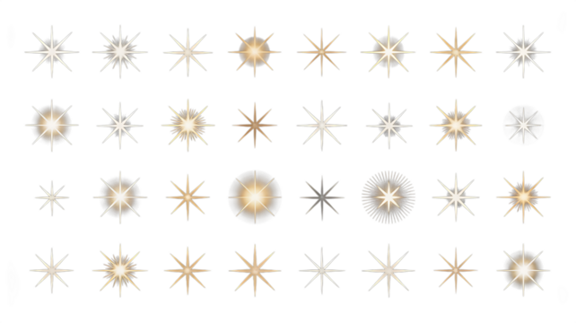 Array of sparkling starbursts and light flares in gold and silver tones sparkle glitter png Design Elements Isolated on Transparent Background