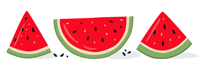 Collection of juicy watermelon slices in flat vector style. Includes whole wedge, half-moon cut, and seeds. Bright, minimal, modern— for summer banners, cards, stickers, food packaging, and healthy.