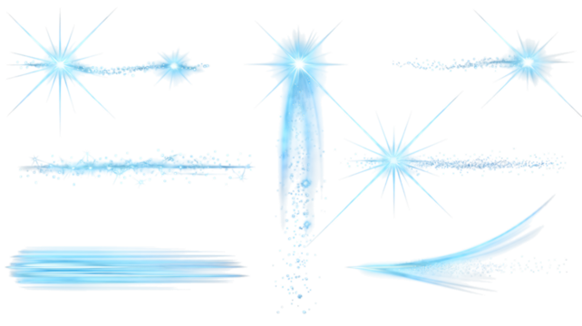 Blue abstract light streaks and splashes with glowing particles on black graphic design png Design Elements Isolated on Transparent Background