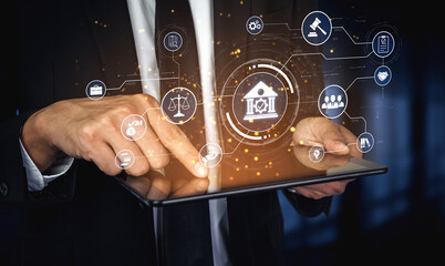 Futuristic digital law interface displaying justice scale, highlighting digital law, AI compliance,...