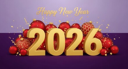 Happy New Year 2026 with Gold Numbers and Ornaments