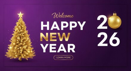 Happy New Year 2026 with Golden Christmas Tree and Bauble