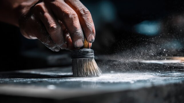 Hand brushing white powder on surface
