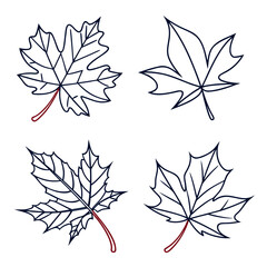 Four stylized maple leaves with dark blue outlines and red stems on a white background