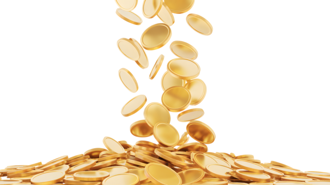 A cascade of golden coins falling and accumulating on a transparent background, symbolizing wealth and fortune
