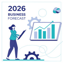 A businesswoman reviews the 2026 business forecast on a tablet, with a bar graph displayed on a screen, accompanied by gears and circles