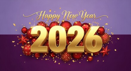 Happy New Year 2026 With Red Ornaments And Confetti