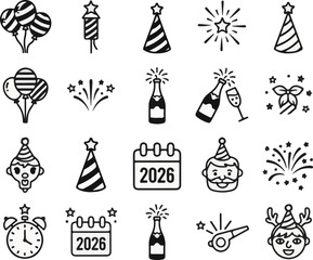 New Year 2026 Celebration Icon Set in Flat Style